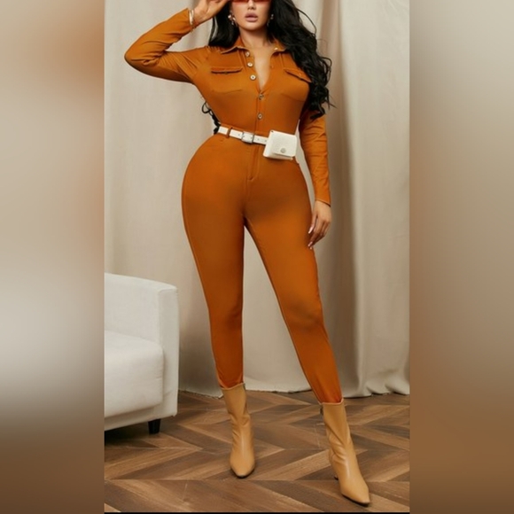 wholesale Pants - NWT stylish turndown collar buttons design one-piece jumpsuit